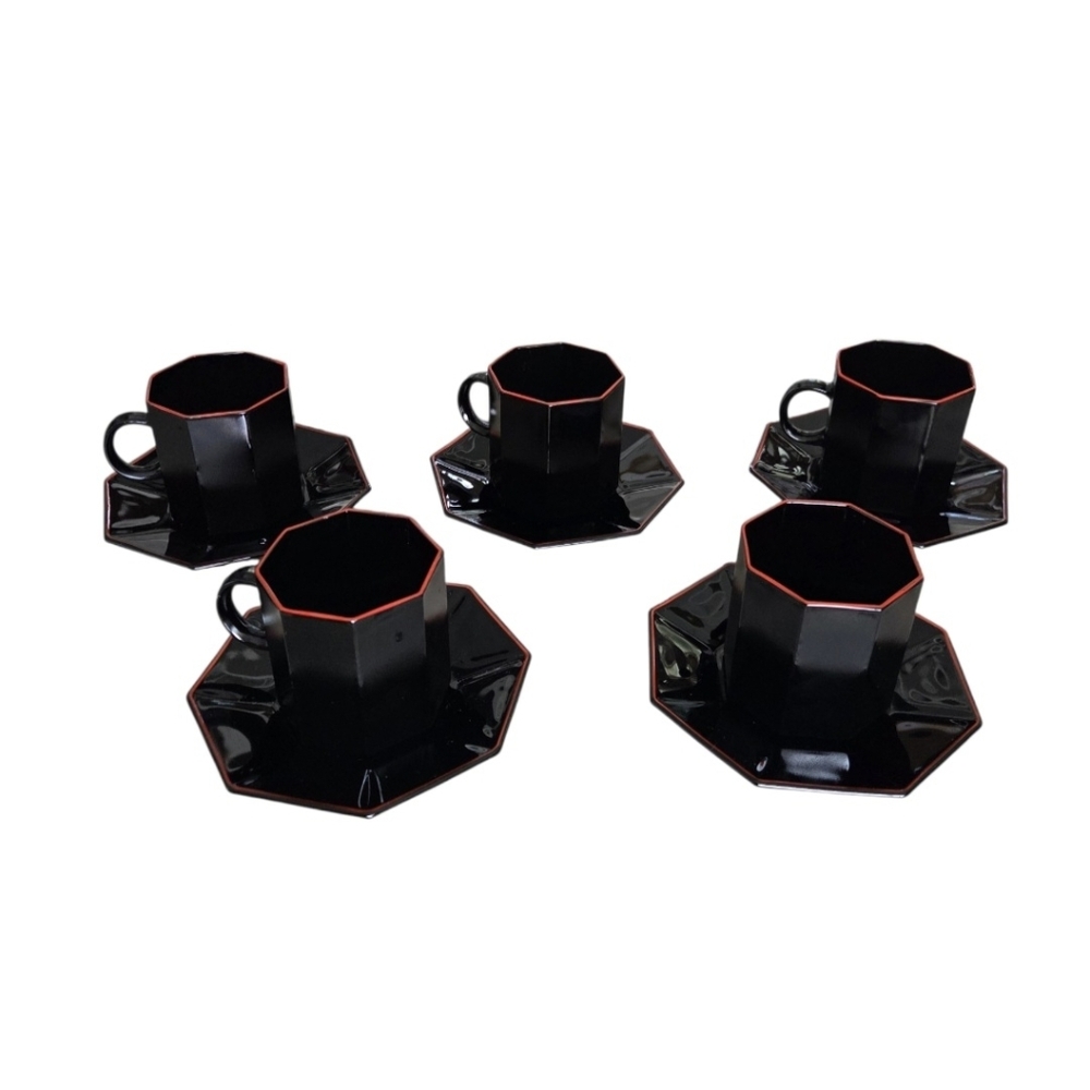 VTG 80s Arcoroc France Black Glass Octagon Demitasse Cup Saucer 5 Sets Red Trim